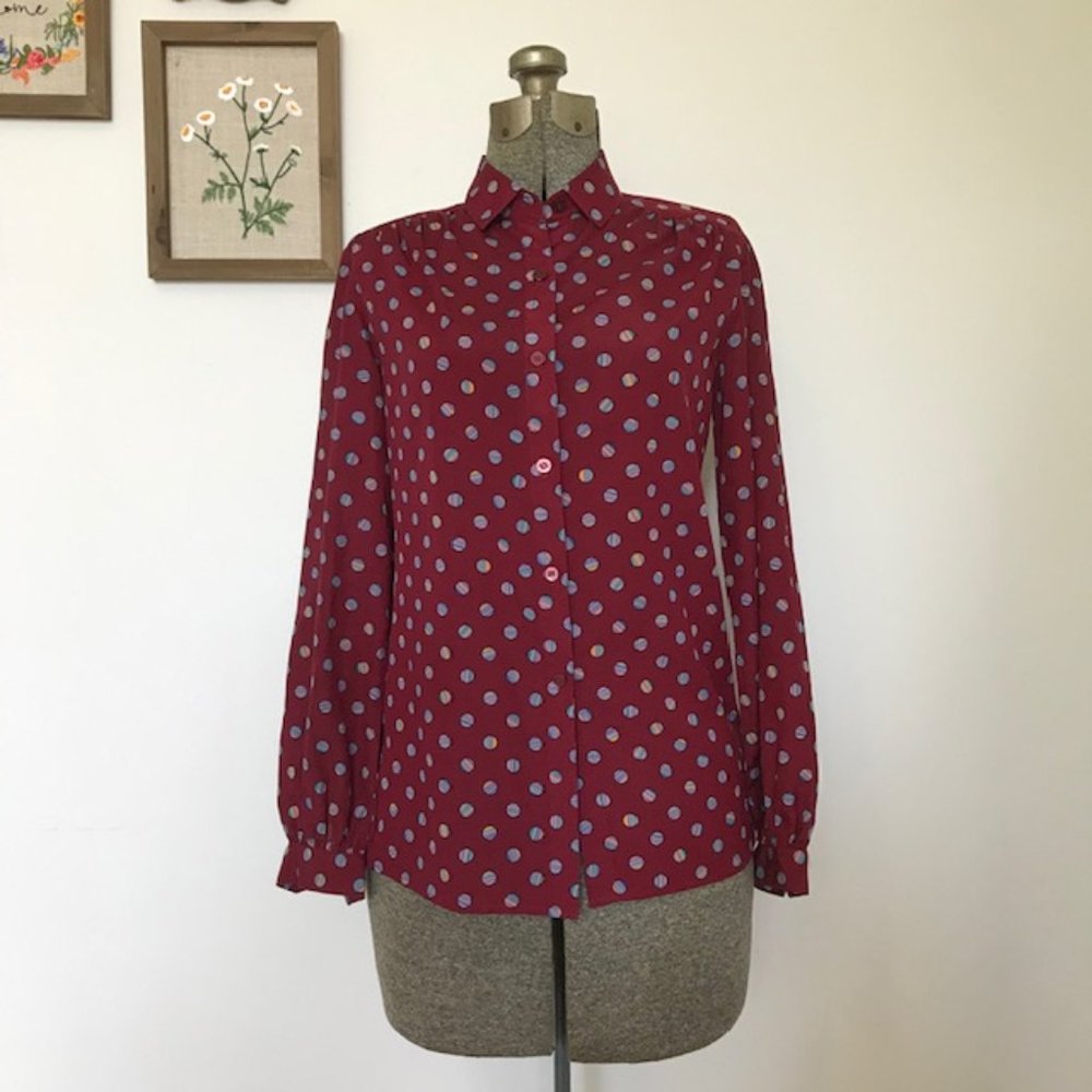 VINTAGE 80s Chiffon Pastel Polka Dot Buttondown